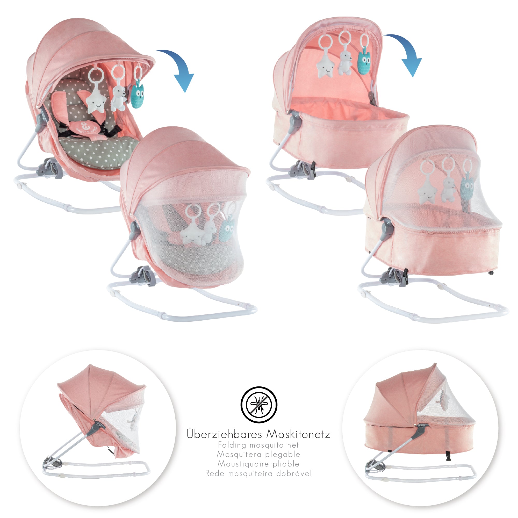 PAVO - Espreguiçadeira e Berço com Rede Mosquiteira, Cobertura e Arco Removível