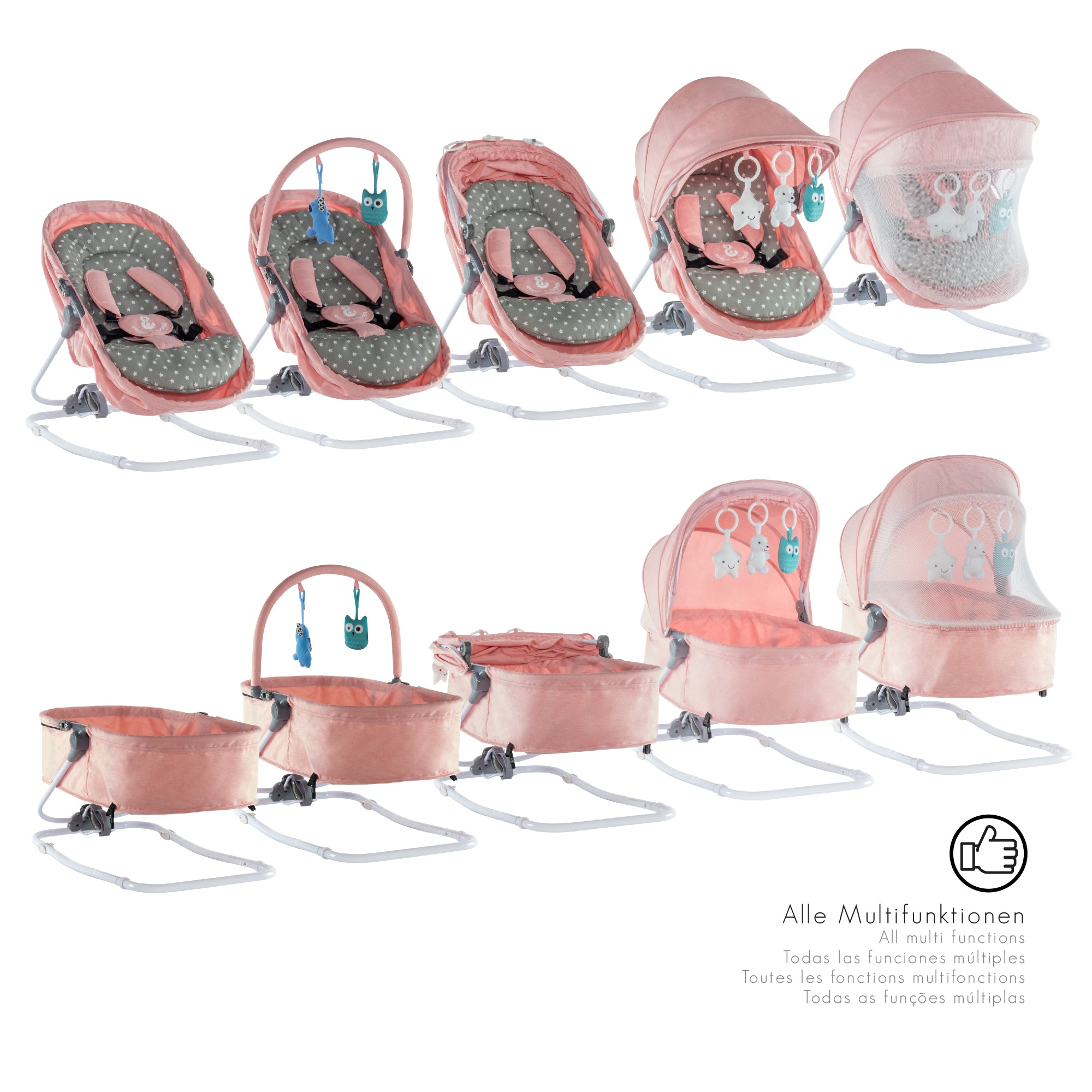 PAVO - Espreguiçadeira e Berço com Rede Mosquiteira, Cobertura e Arco Removível