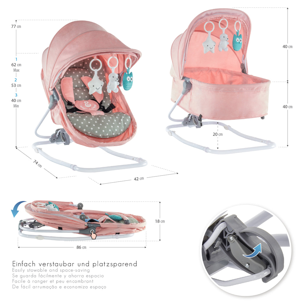 PAVO - Espreguiçadeira e Berço com Rede Mosquiteira, Cobertura e Arco Removível