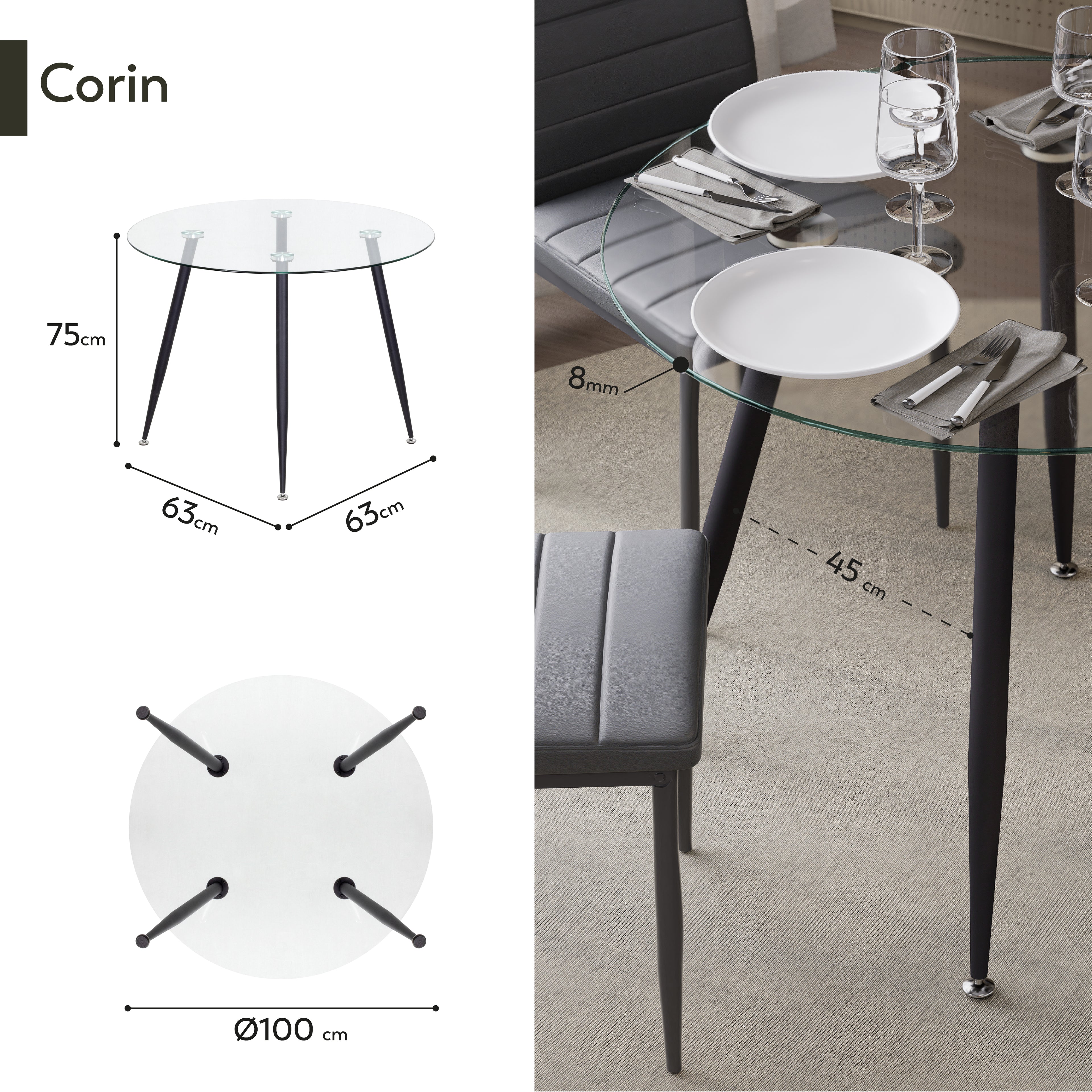 CORIN - Mesa de jantar com tampo de vidro