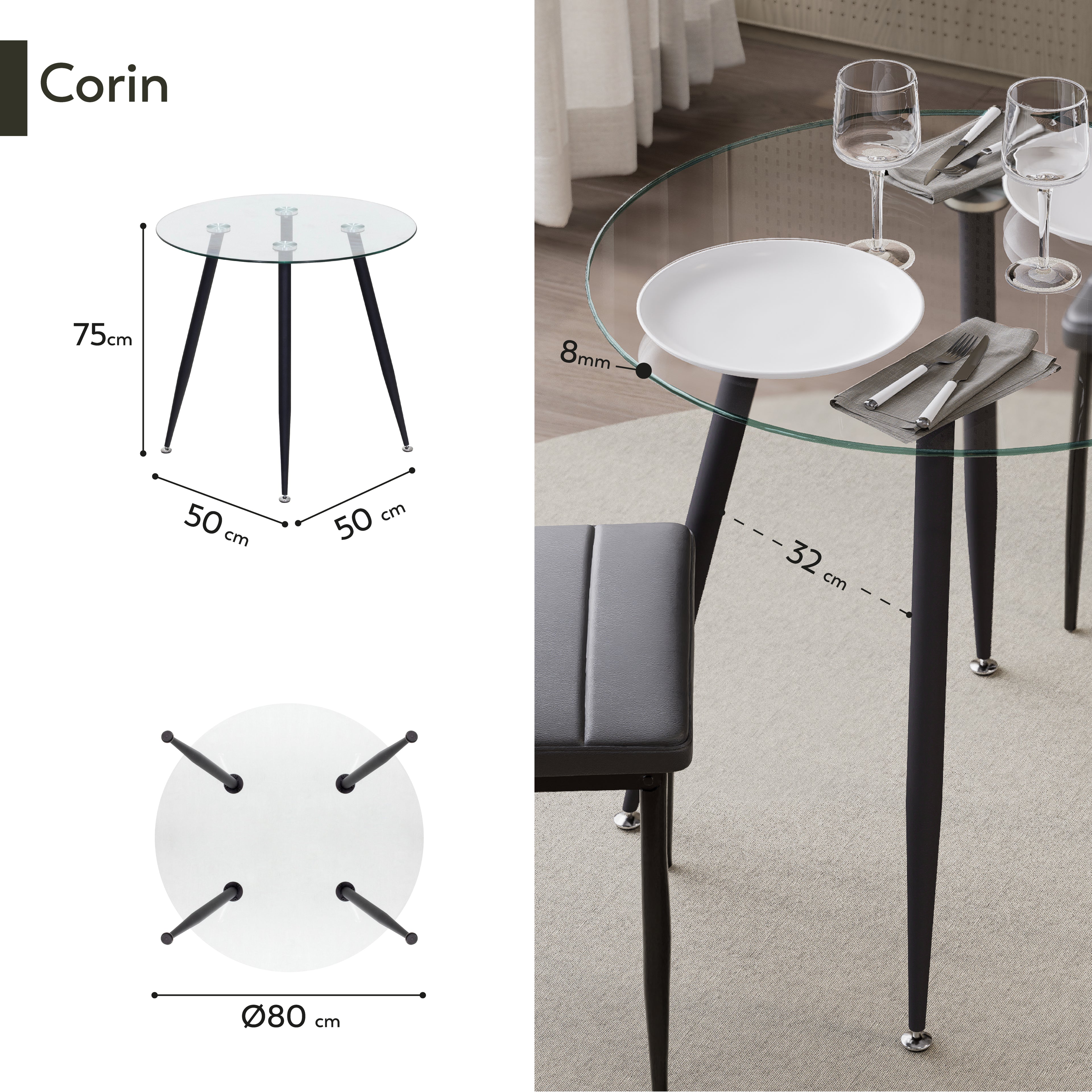 CORIN - Mesa de jantar com tampo de vidro