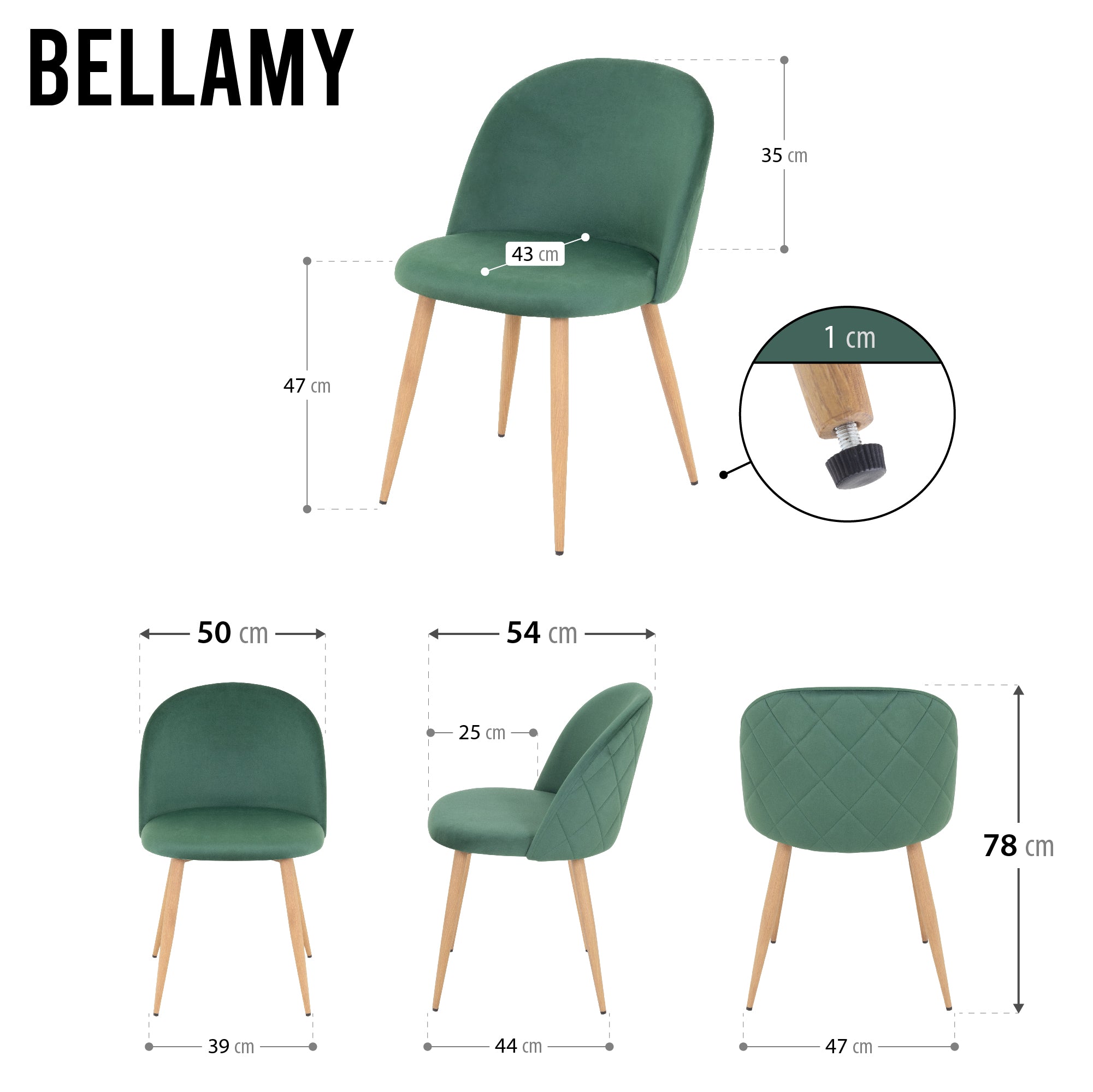 BELLAMY - Conjunto de Cadeiras de Refeição com Tecido em Veludo
