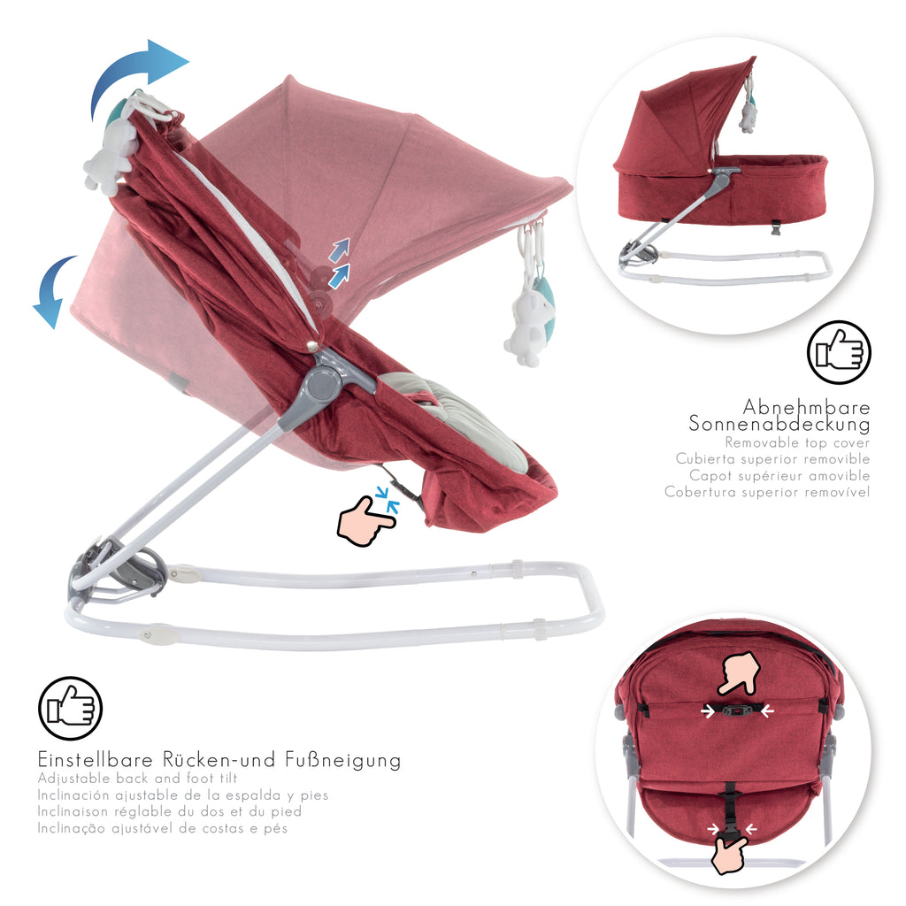 PAVO - Espreguiçadeira e Berço com Rede Mosquiteira, Cobertura e Arco Removível