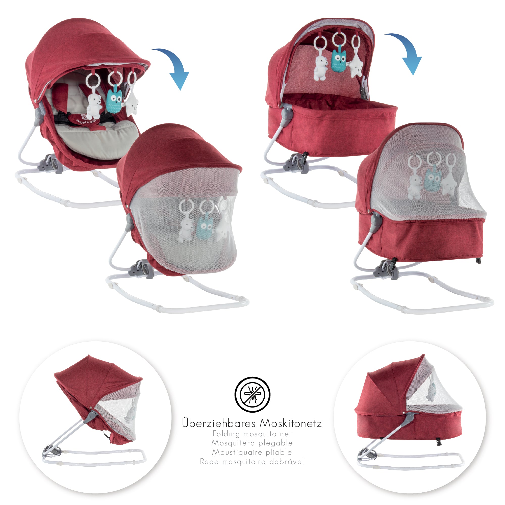 PAVO - Espreguiçadeira e Berço com Rede Mosquiteira, Cobertura e Arco Removível