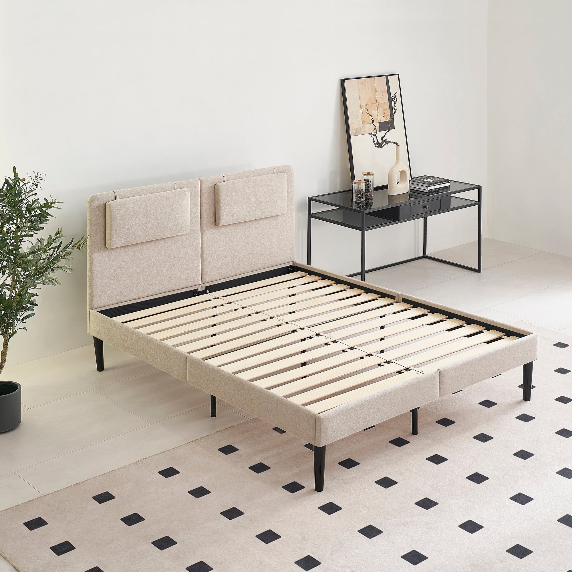 EMILY – Cama estofada com cabeceira acolchoada e estrado de ripas em madeira – Bege ou Cinzento