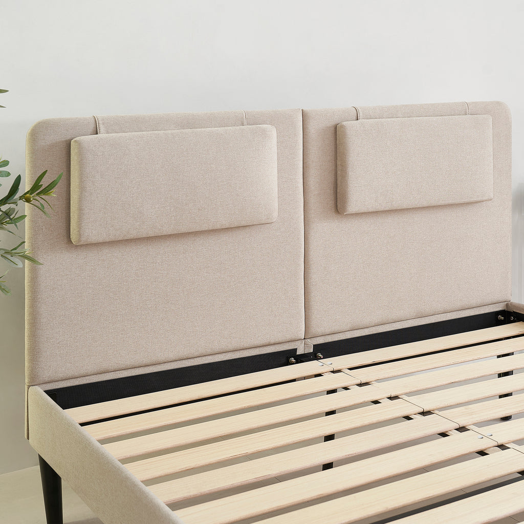 EMILY – Cama estofada com cabeceira acolchoada e estrado de ripas em madeira – Bege ou Cinzento