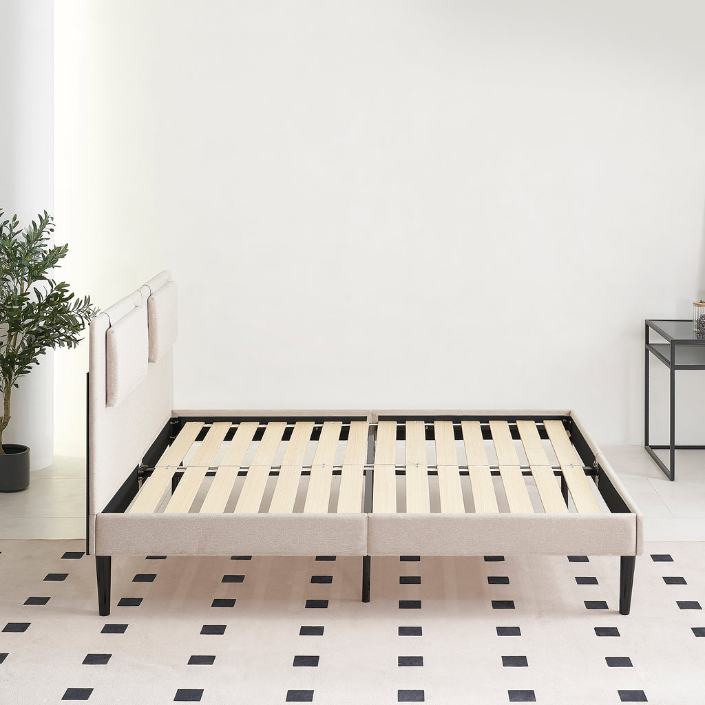 EMILY – Cama estofada com cabeceira acolchoada e estrado de ripas em madeira – Bege ou Cinzento