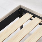 EMILY – Cama estofada com cabeceira acolchoada e estrado de ripas em madeira – Bege ou Cinzento