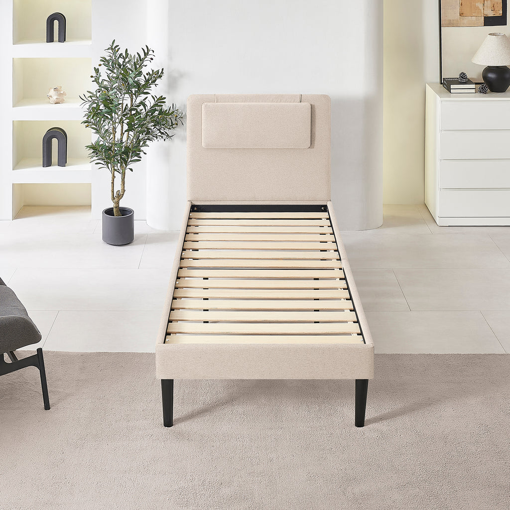 EMILY – Cama estofada com cabeceira acolchoada e estrado de ripas em madeira – Bege ou Cinzento