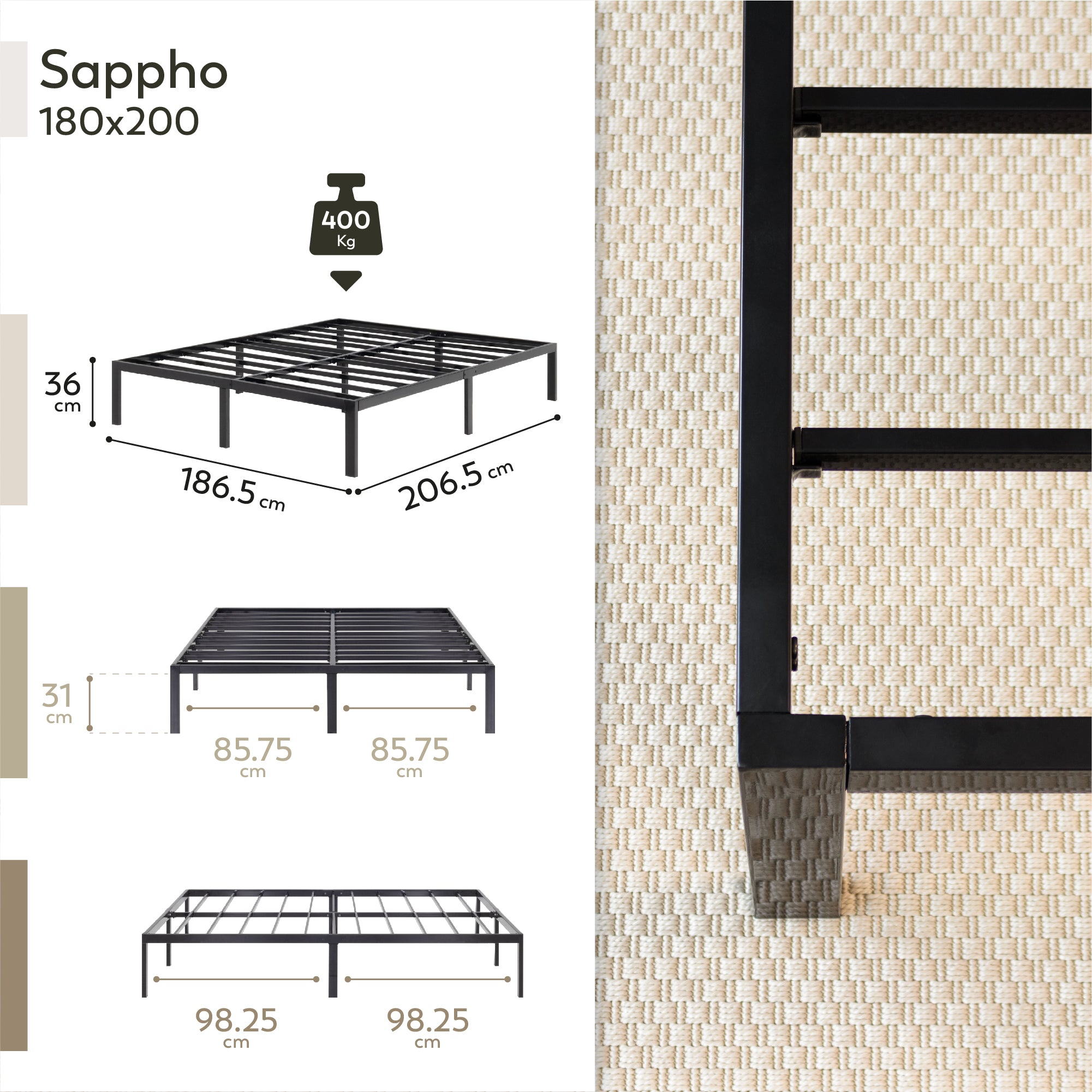 SAPPHO – Cama plataforma metálica com arrumação 31 cm - Preto ou Branco