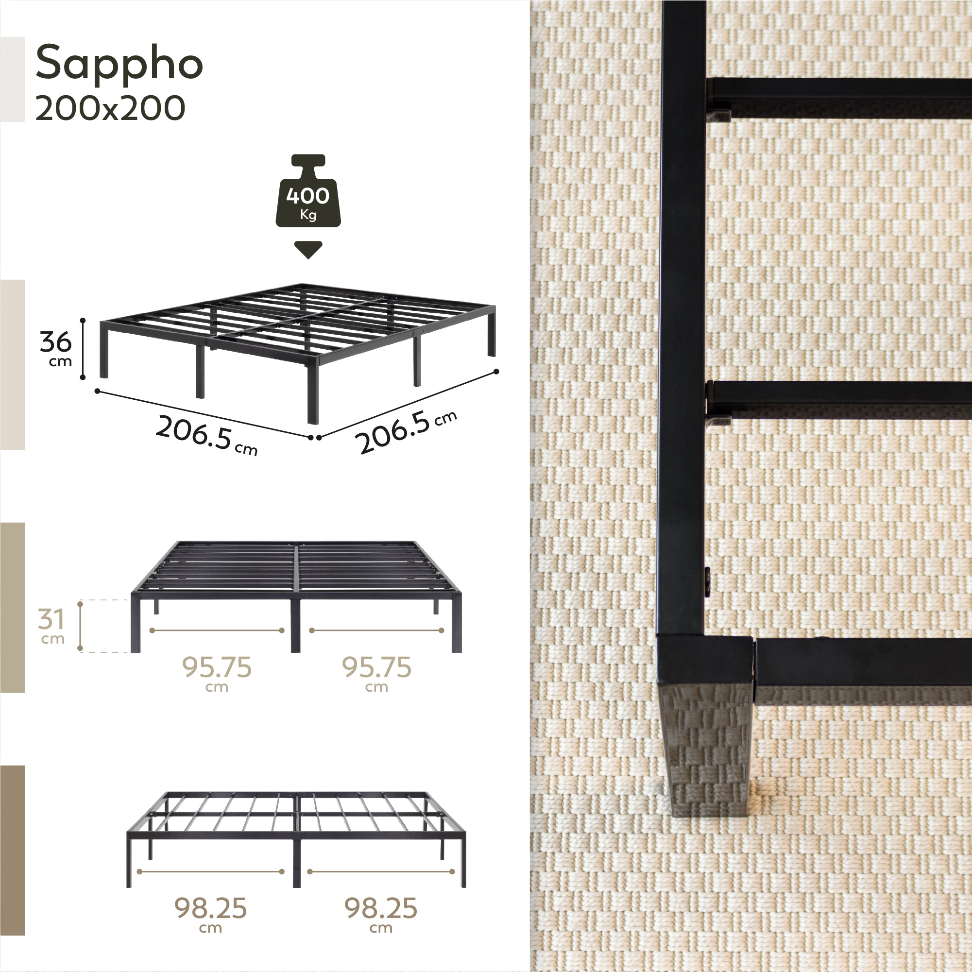 SAPPHO – Cama plataforma metálica com arrumação 31 cm - Preto ou Branco
