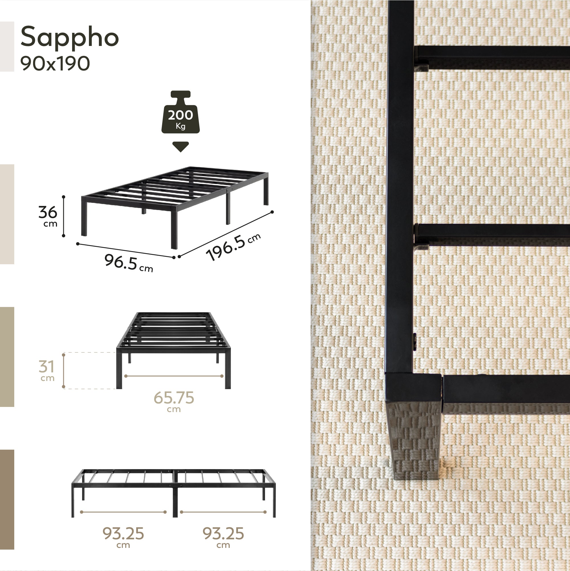 SAPPHO – Cama plataforma metálica com arrumação 31 cm - Preto ou Branco