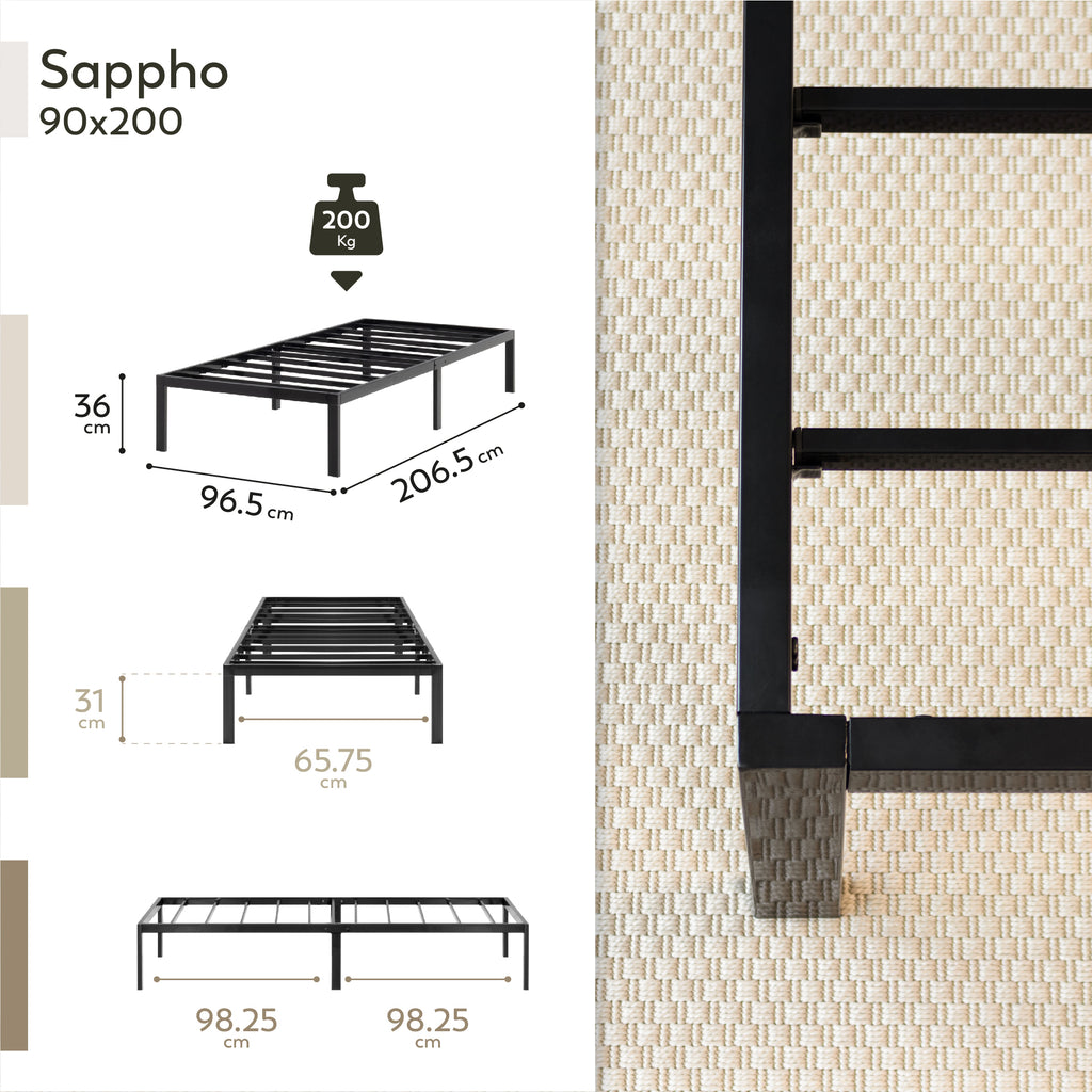 SAPPHO – Cama plataforma metálica com arrumação 31 cm - Preto ou Branco