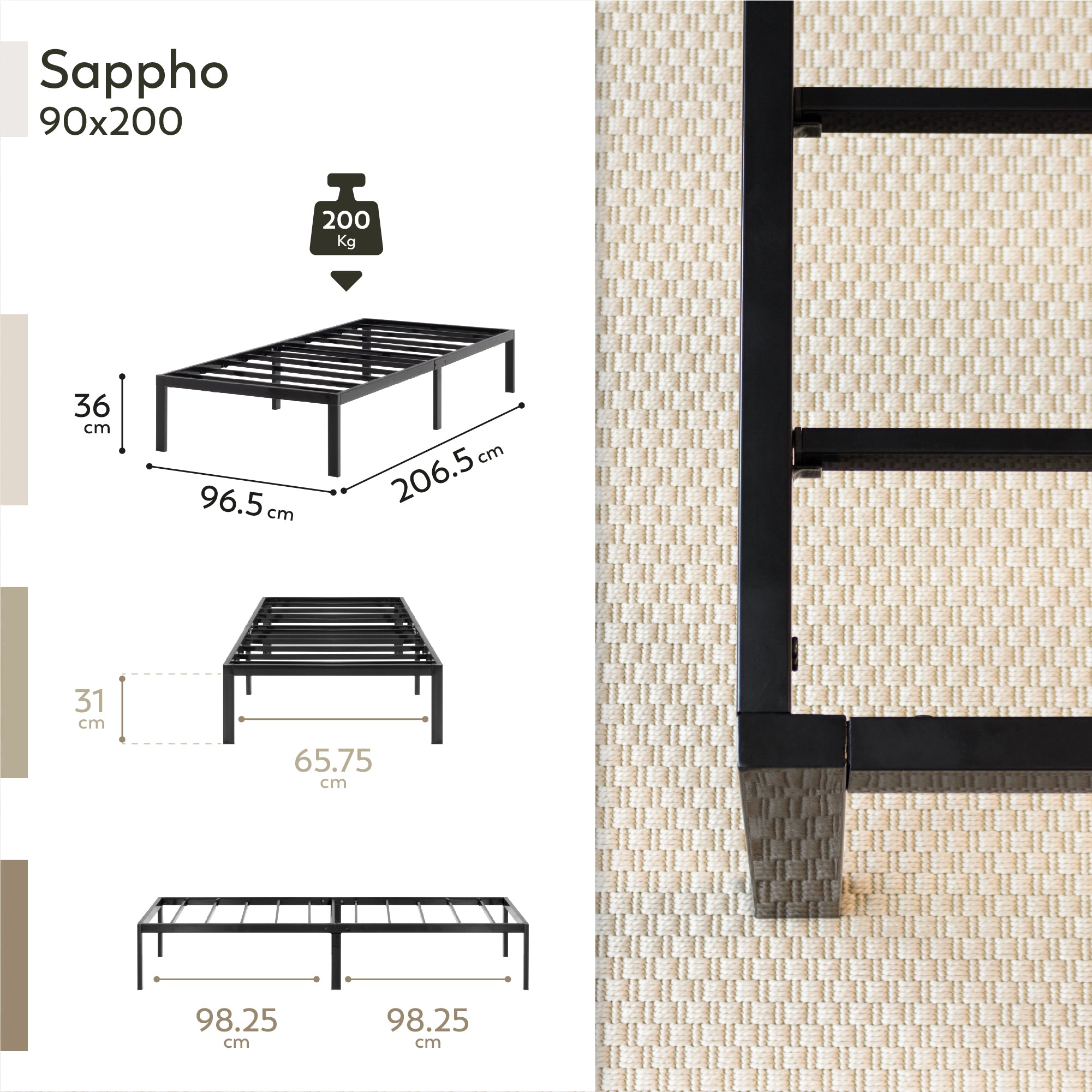 SAPPHO – Cama plataforma metálica com arrumação 31 cm - Preto ou Branco