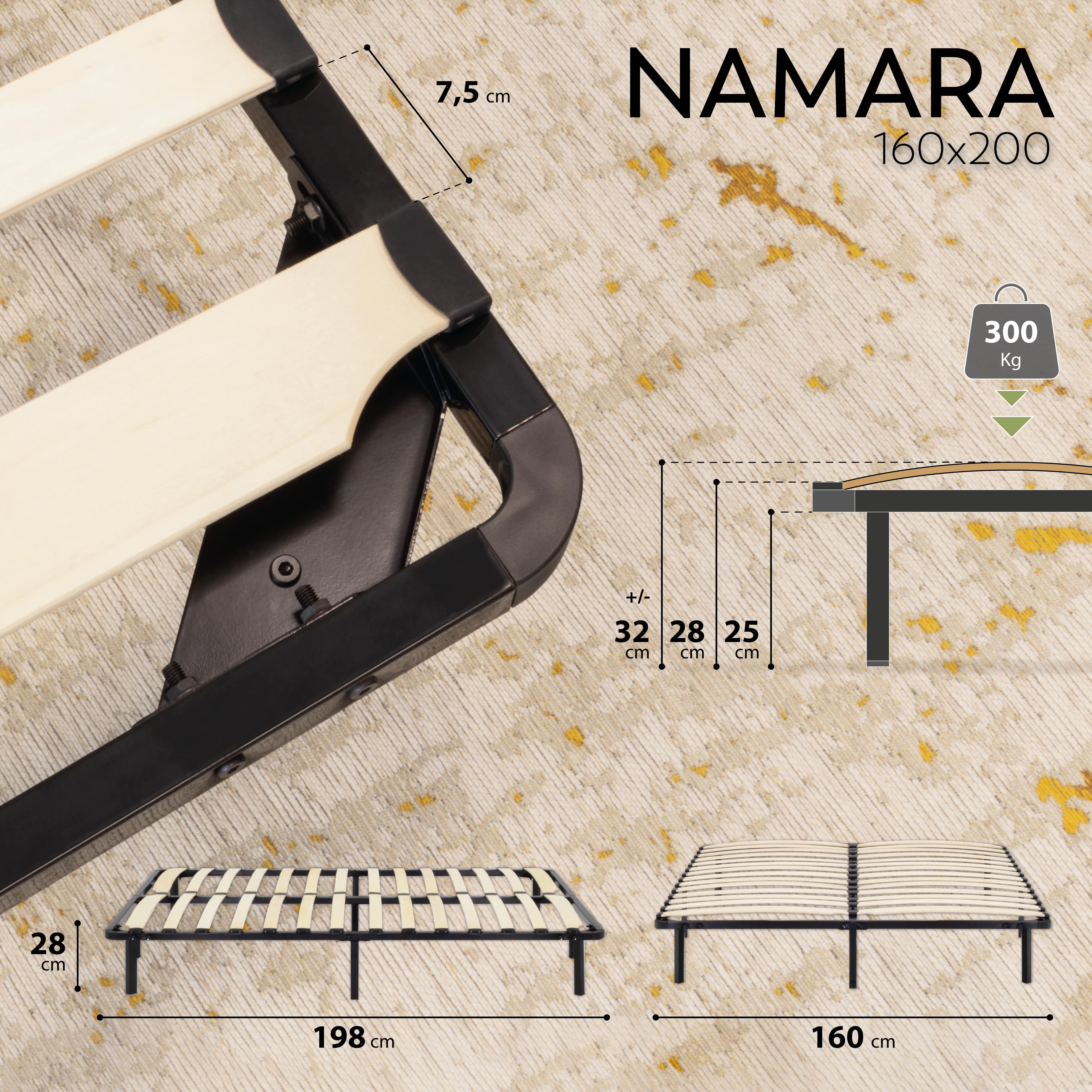 NAMARA – Cama com estrutura metálica e ripas amortecidas, arrumação 25 cm - Preto ou Branco