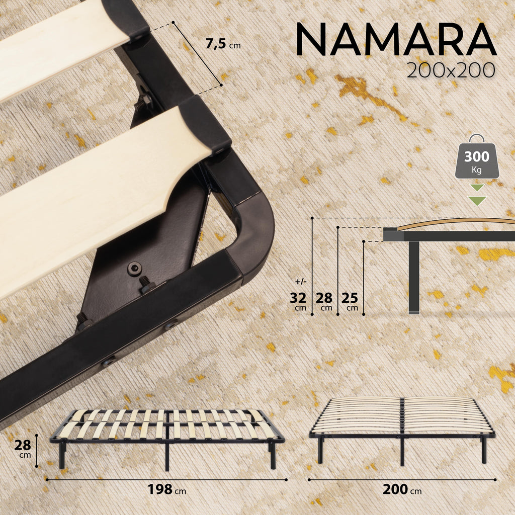 NAMARA – Cama com estrutura metálica e ripas amortecidas, arrumação 25 cm - Preto ou Branco