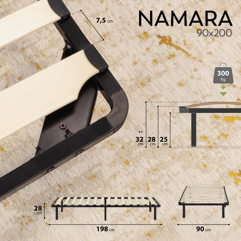 NAMARA – Cama com estrutura metálica e ripas amortecidas, arrumação 25 cm - Preto ou Branco
