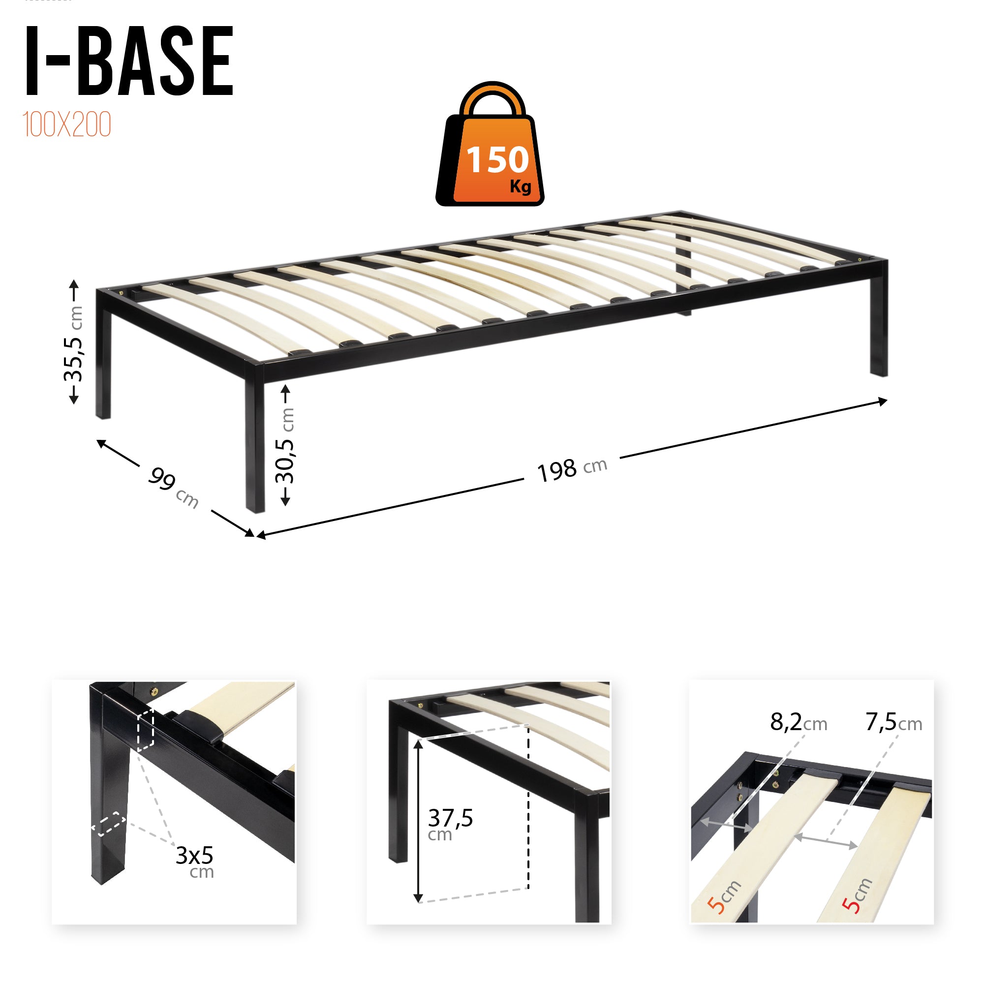 iBase – Cama com estrutura metálica e arrumação 30 cm em preto e branco