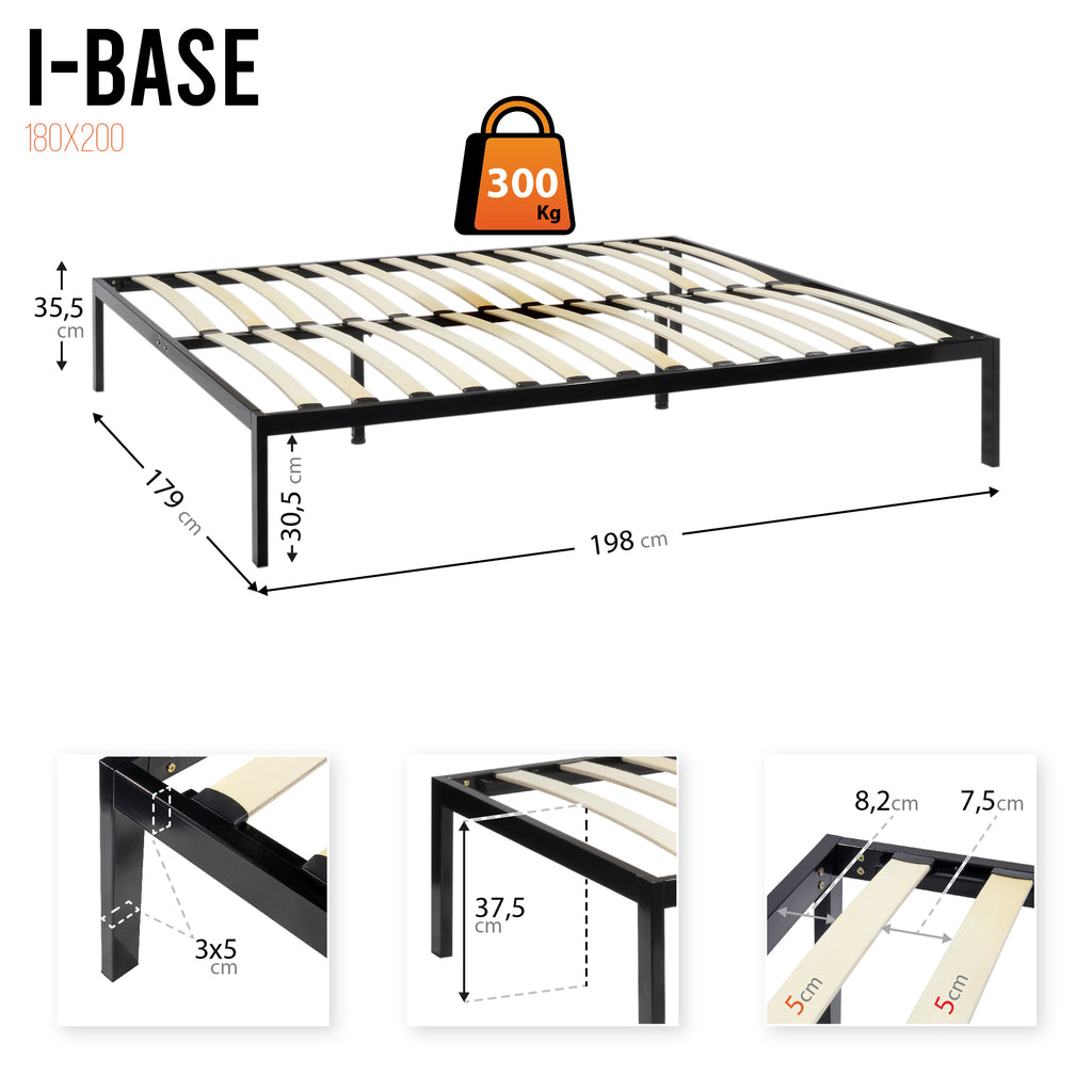 iBase – Cama com estrutura metálica e arrumação 30 cm em preto e branco