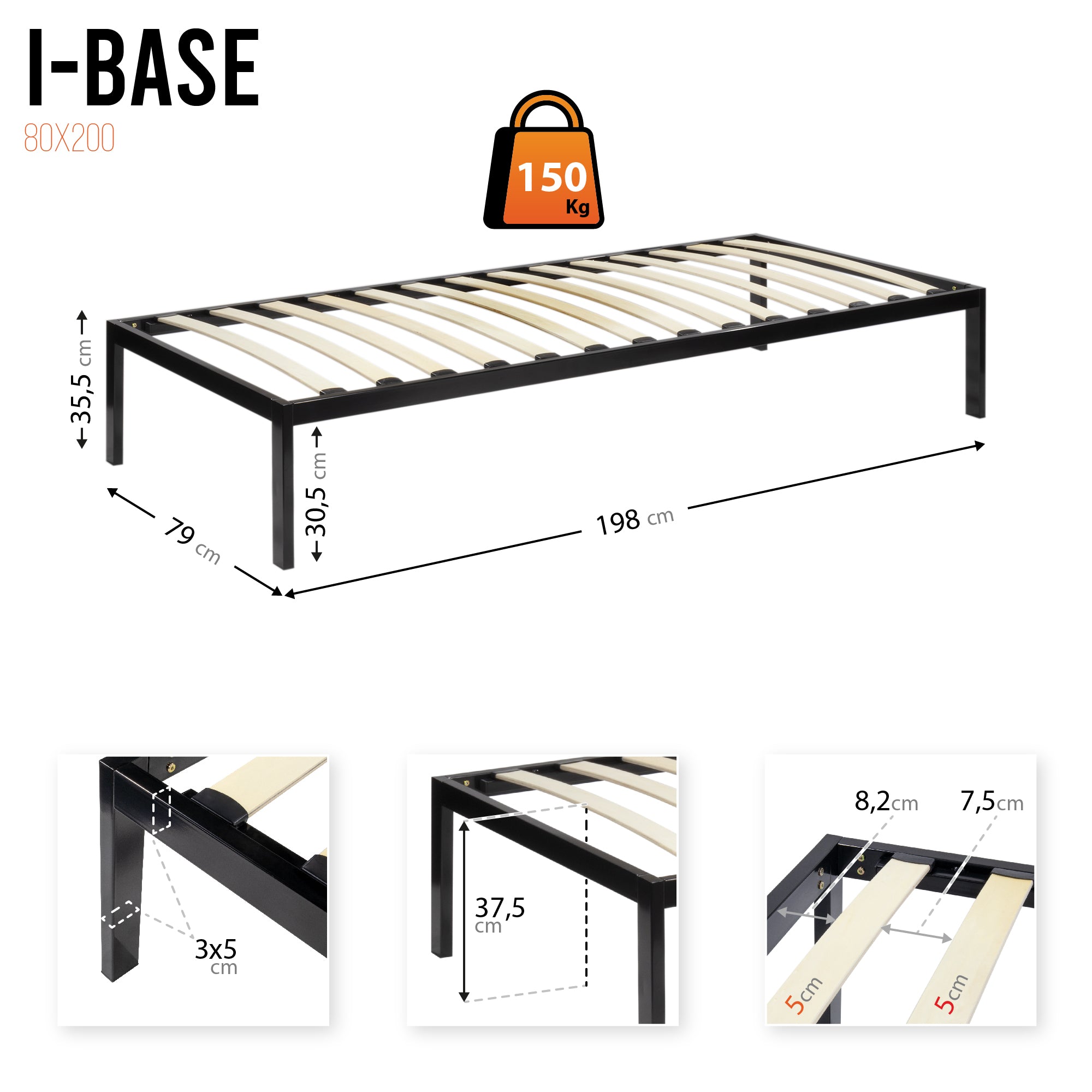 iBase – Cama com estrutura metálica e arrumação 30 cm em preto e branco