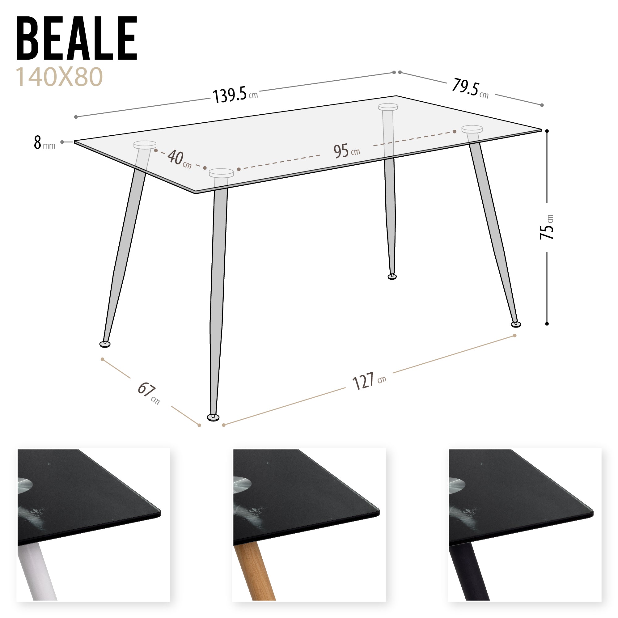 BEALE – Mesa de jantar fixa retangular, estrutura metálica e vários acabamentos de tampo