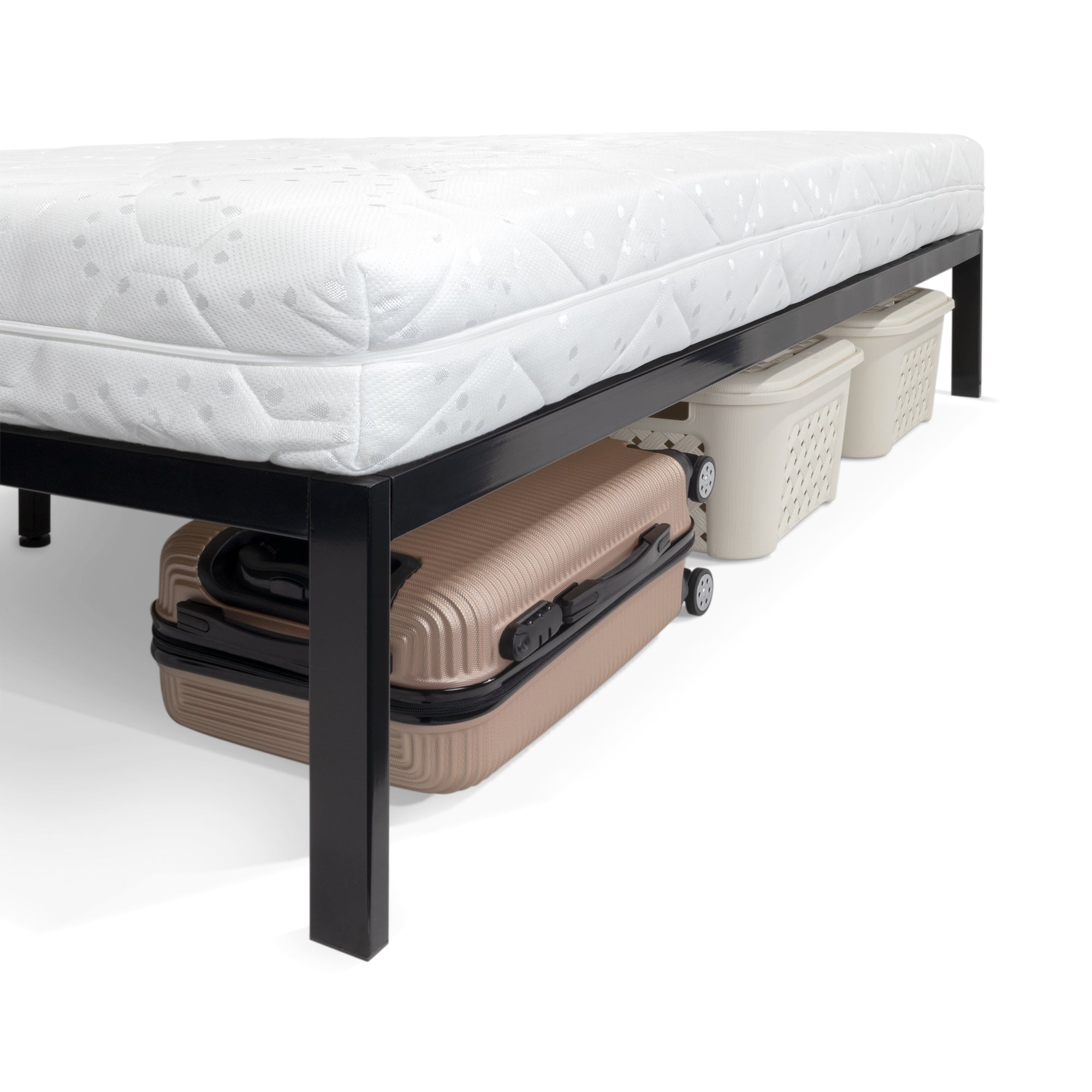 iBase – Cama com estrutura metálica e arrumação 30 cm em preto e branco