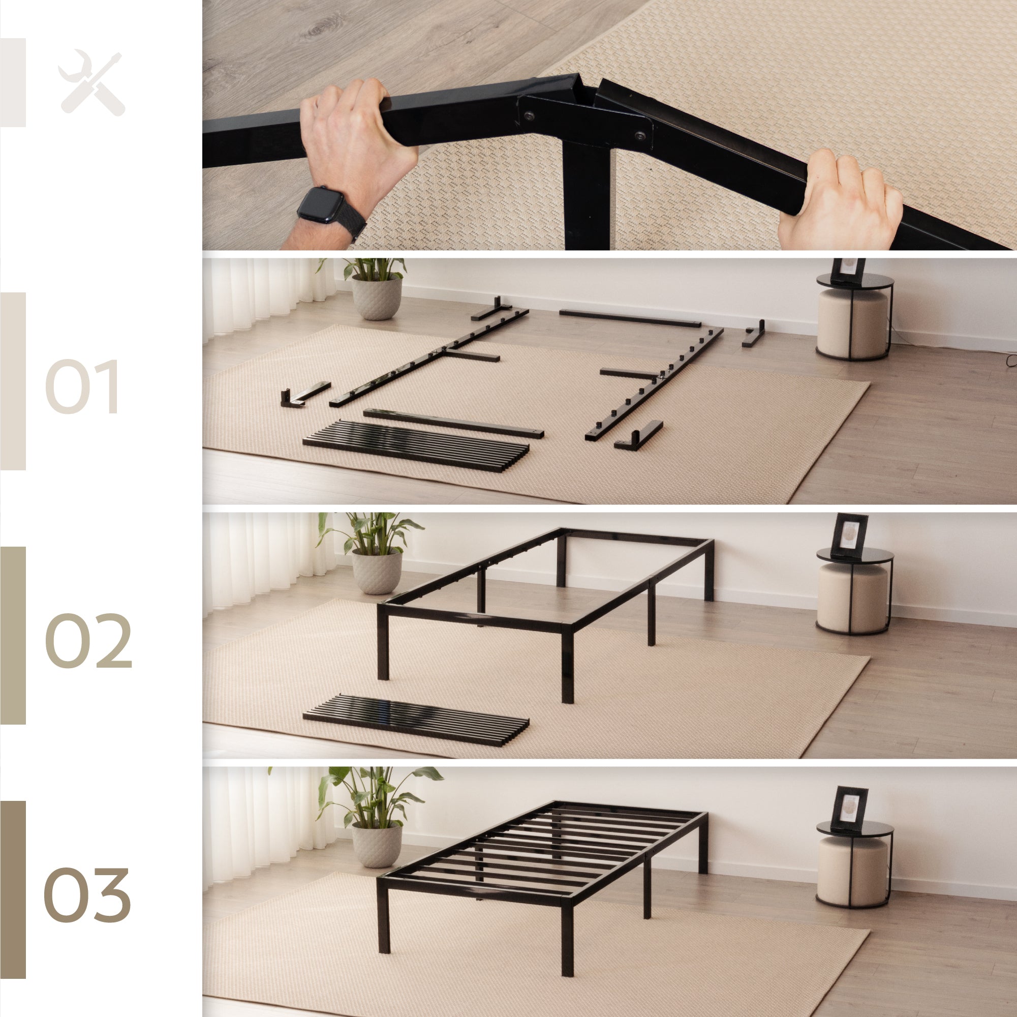 SAPPHO – Cama plataforma metálica com arrumação 31 cm - Preto ou Branco