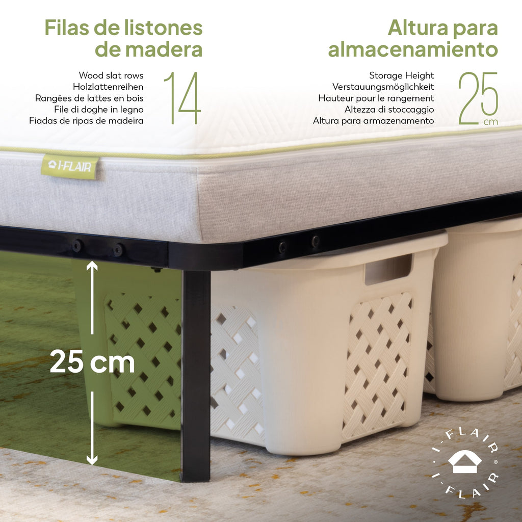 NAMARA – Cama com estrutura metálica e ripas amortecidas, arrumação 25 cm - Preto ou Branco