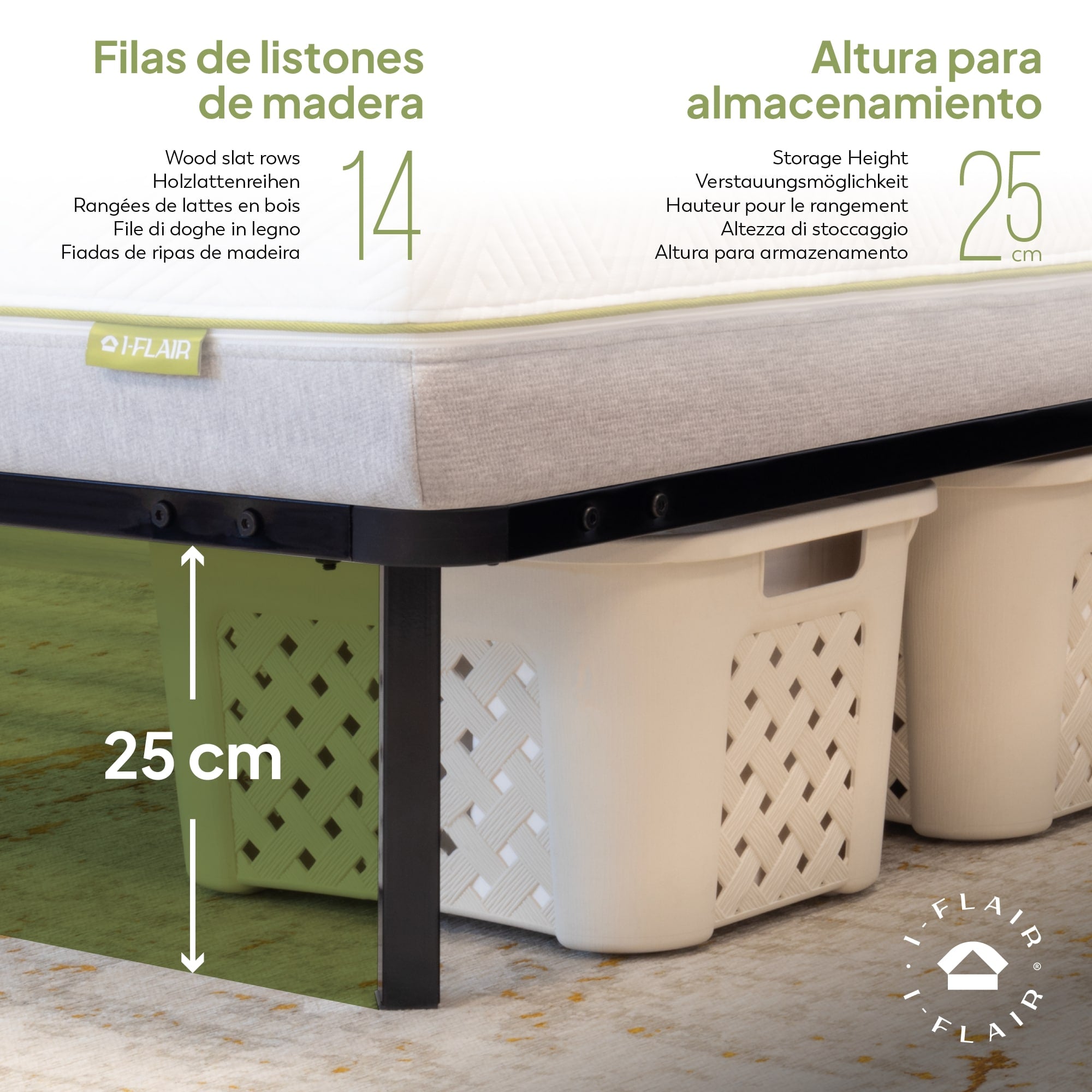 NAMARA – Cama com estrutura metálica e ripas amortecidas, arrumação 25 cm - Preto ou Branco