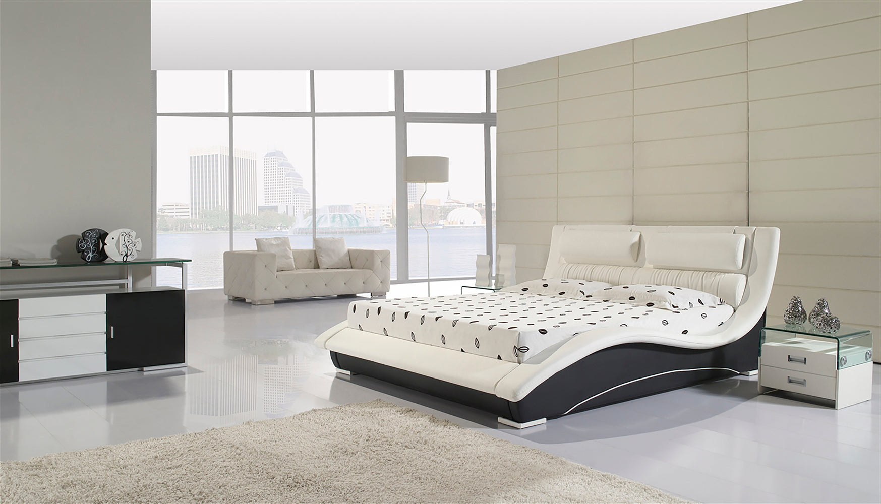 LEANDRO - Cama em Pele Sintética Preto e Branco