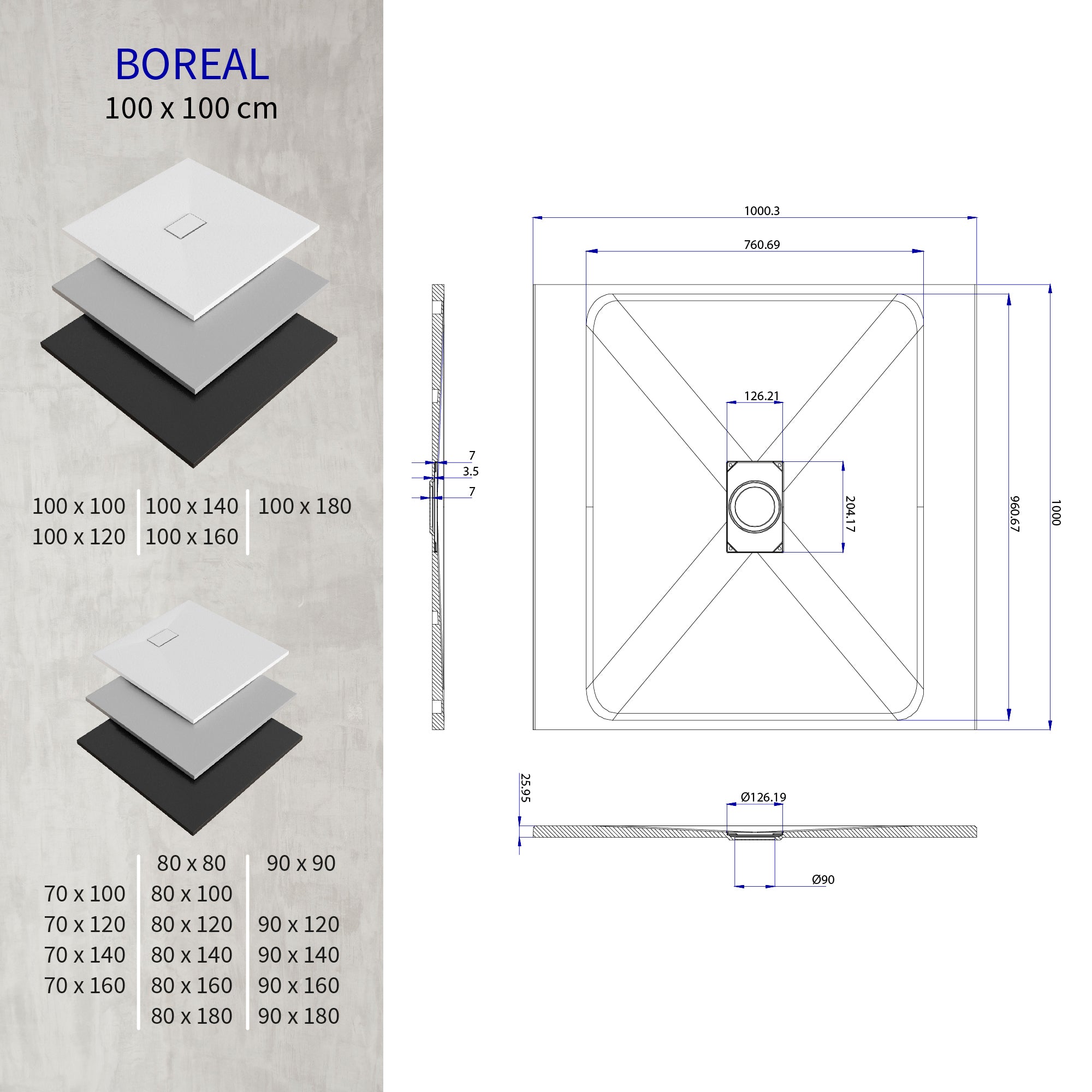 BOREAL - Base de Duche Cinzenta Antiderrapante, Resistente, Duradouro e Fácil de Limpar - Inc. sifão