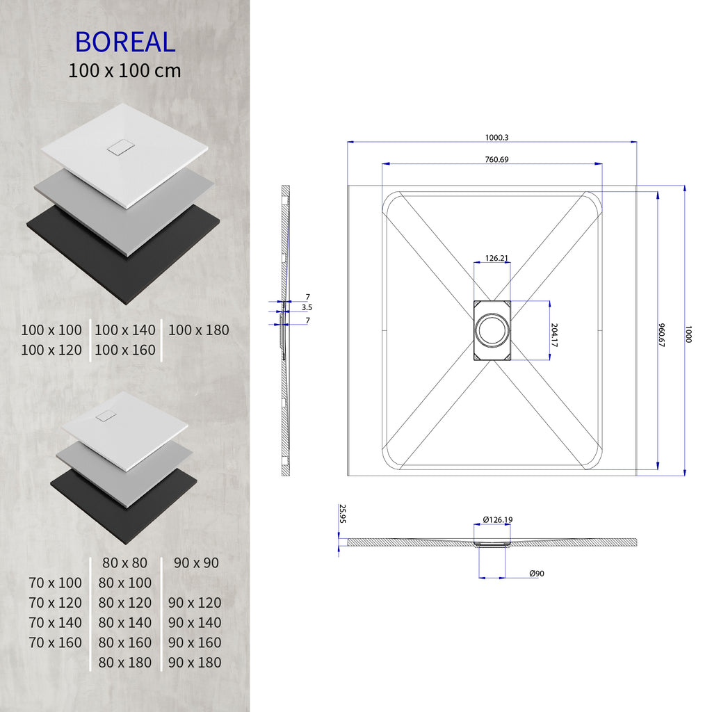 BOREAL - Base de Duche Branca Antiderrapante, Resistente, Duradouro e Fácil de Limpar - Inc. sifão