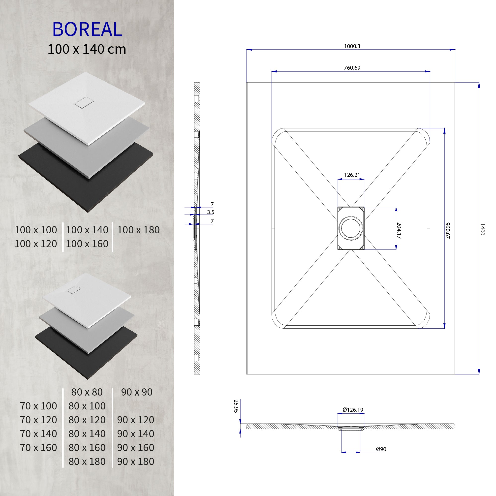 BOREAL - Base de Duche Cinzenta Antiderrapante, Resistente, Duradouro e Fácil de Limpar - Inc. sifão