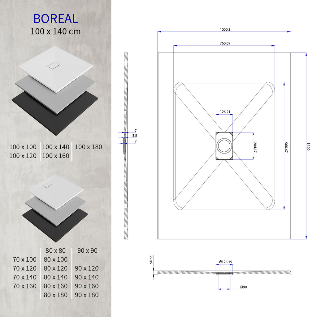 BOREAL - Base de Duche Preta Antiderrapante, Resistente, Duradouro e Fácil de Limpar - Inc. sifão