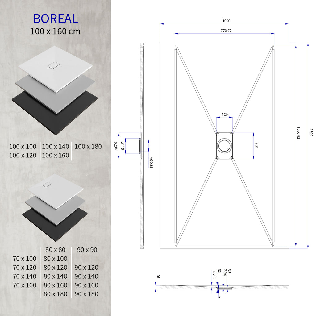 BOREAL - Base de Duche Branca Antiderrapante, Resistente, Duradouro e Fácil de Limpar - Inc. sifão