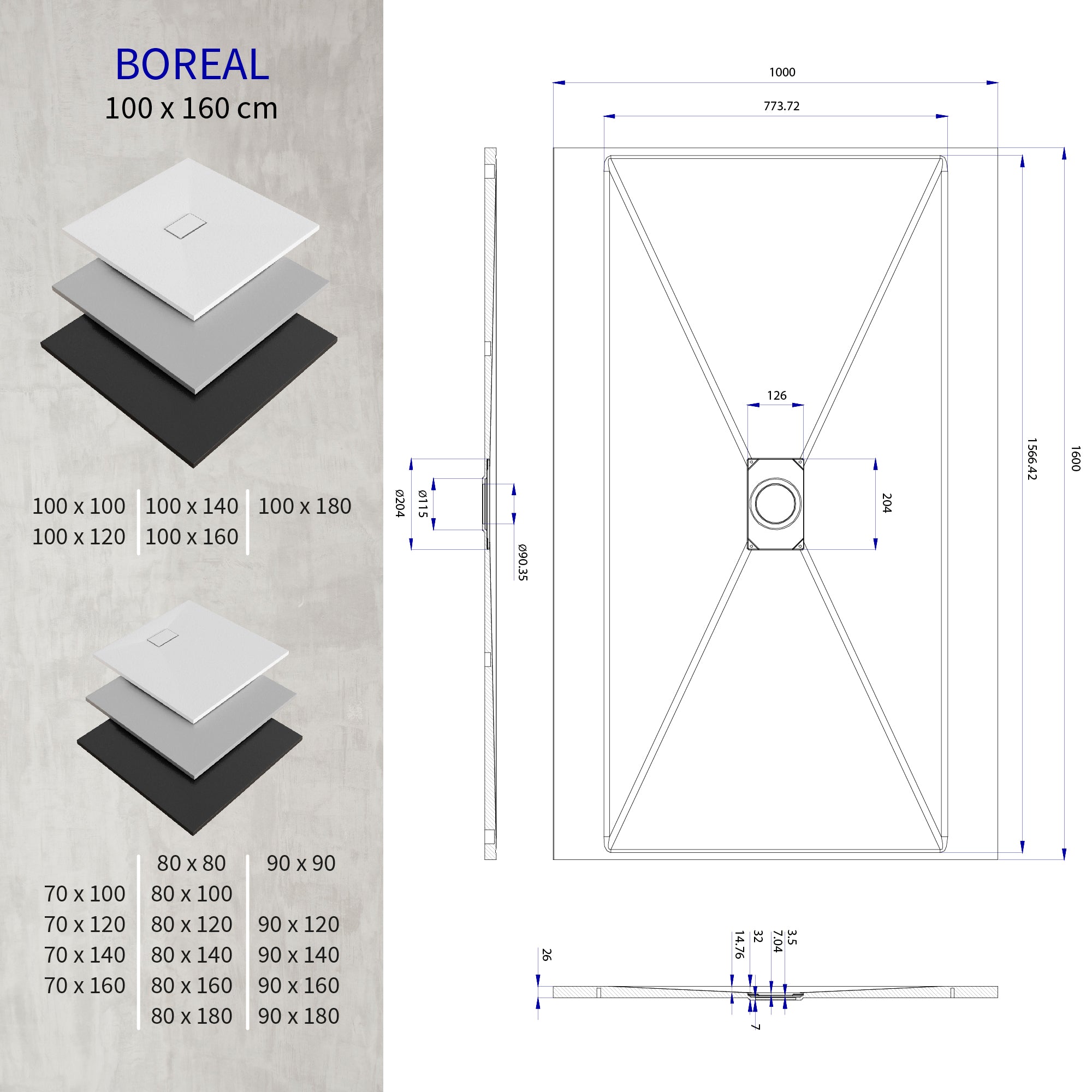 BOREAL - Base de Duche Cinzenta Antiderrapante, Resistente, Duradouro e Fácil de Limpar - Inc. sifão