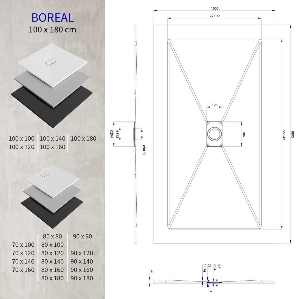 BOREAL - Base de Duche Cinzenta Antiderrapante, Resistente, Duradouro e Fácil de Limpar - Inc. sifão