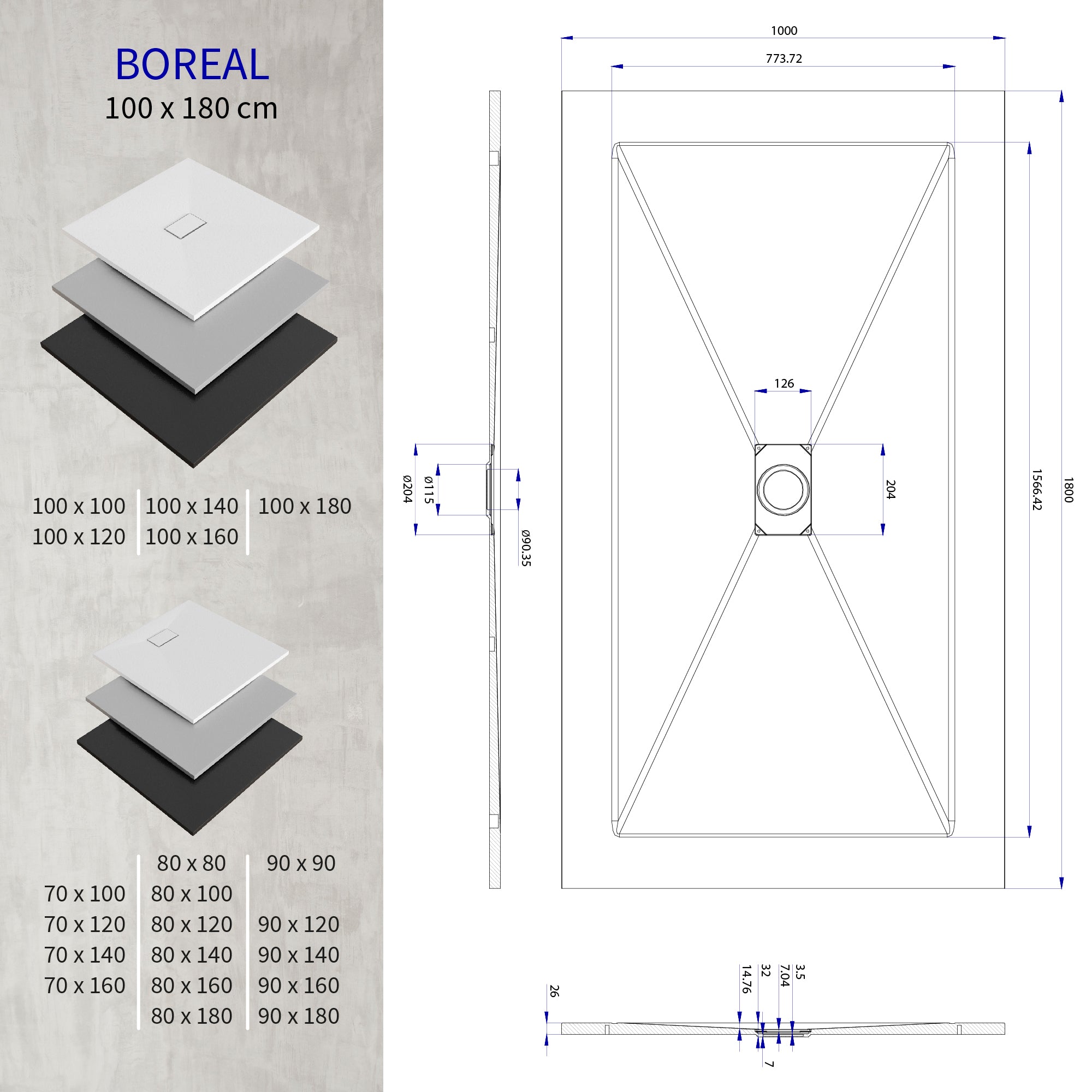 BOREAL - Base de Duche Branca Antiderrapante, Resistente, Duradouro e Fácil de Limpar - Inc. sifão