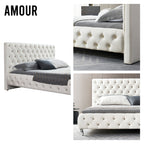 AMOUR – Cama estofada branca ou bege acinzentado com cabeceira acolchoada, com ou sem cristais