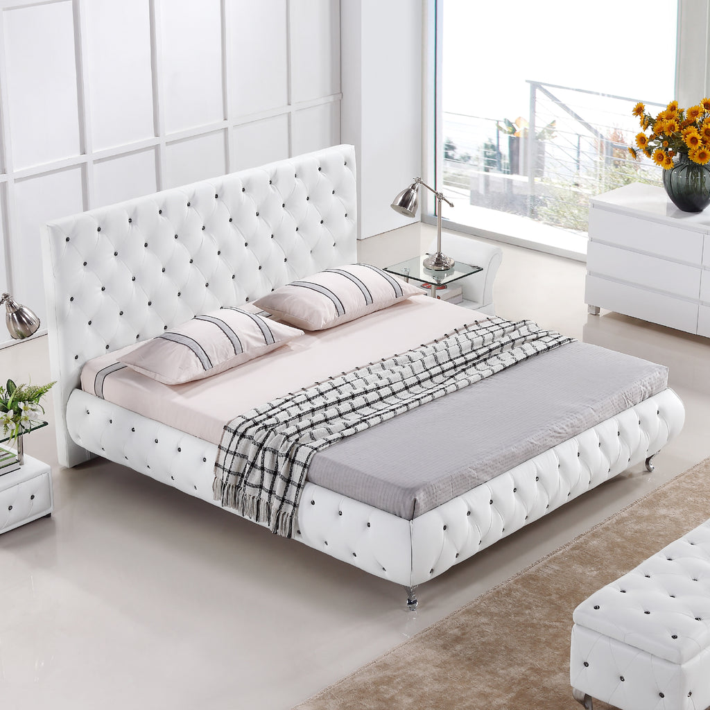 AMOUR – Cama estofada branca ou bege acinzentado com cabeceira acolchoada, com ou sem cristais