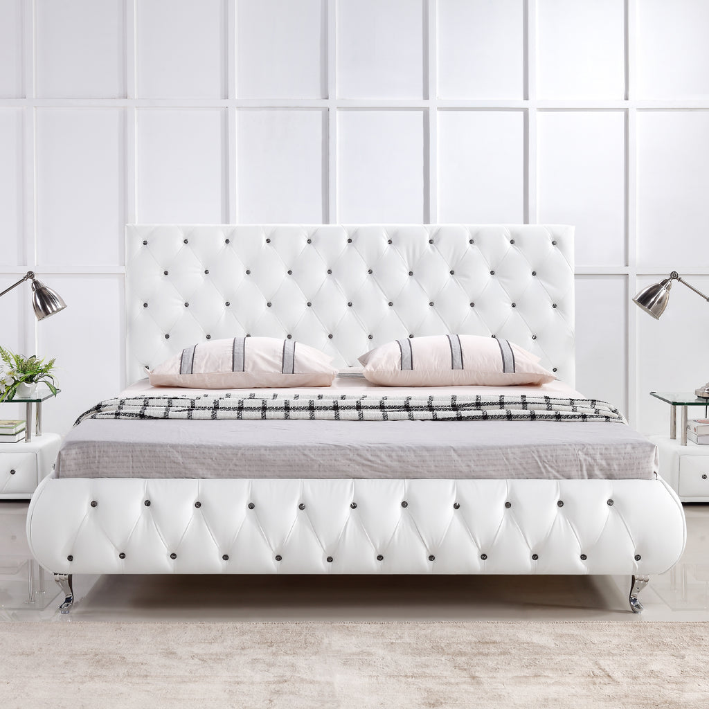 AMOUR – Cama estofada branca ou bege acinzentado com cabeceira acolchoada, com ou sem cristais