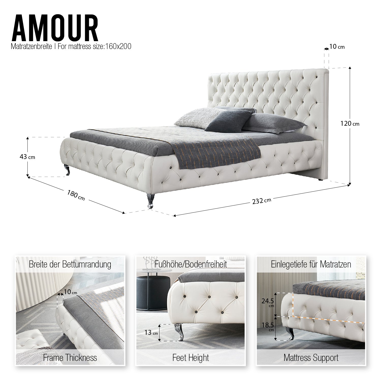 AMOUR – Cama estofada branca ou bege acinzentado com cabeceira acolchoada, com ou sem cristais
