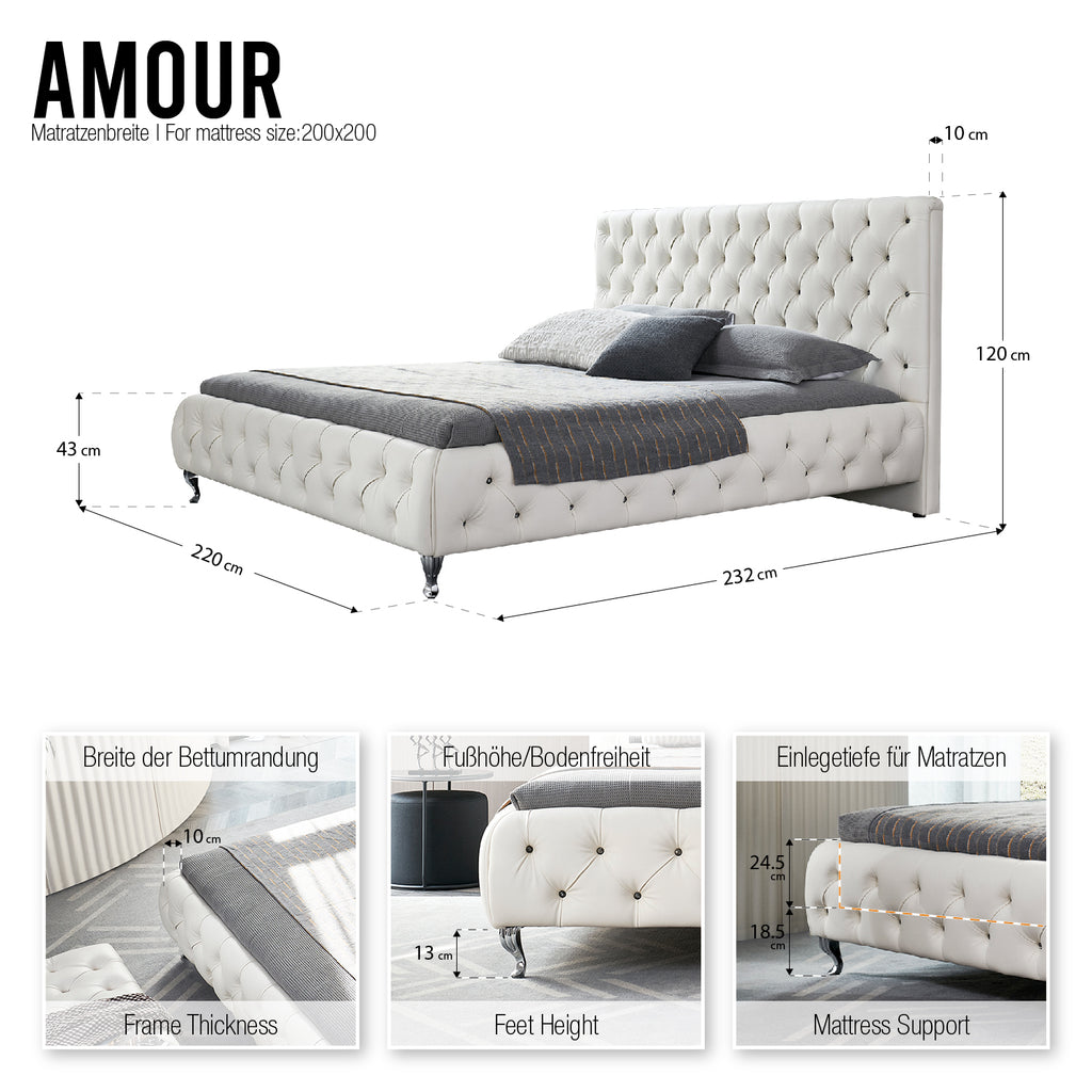 AMOUR – Cama estofada branca ou bege acinzentado com cabeceira acolchoada, com ou sem cristais