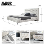 AMOUR – Cama estofada branca ou bege acinzentado com cabeceira acolchoada, com ou sem cristais