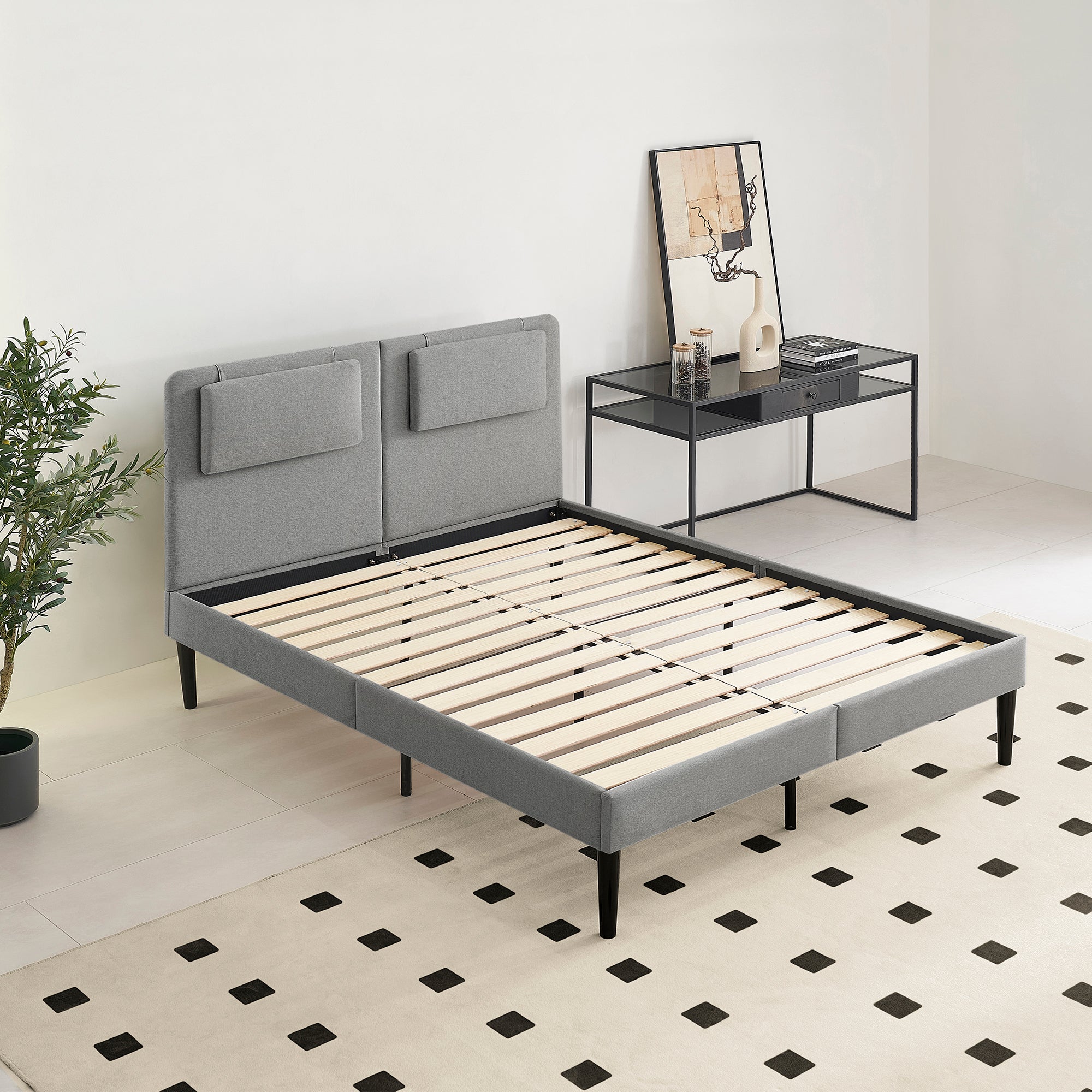 EMILY – Cama estofada com cabeceira acolchoada e estrado de ripas em madeira – Bege ou Cinzento