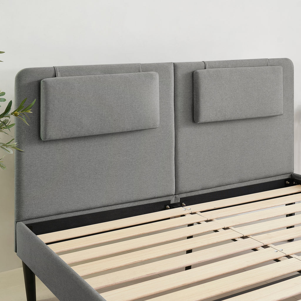 EMILY – Cama estofada com cabeceira acolchoada e estrado de ripas em madeira – Bege ou Cinzento