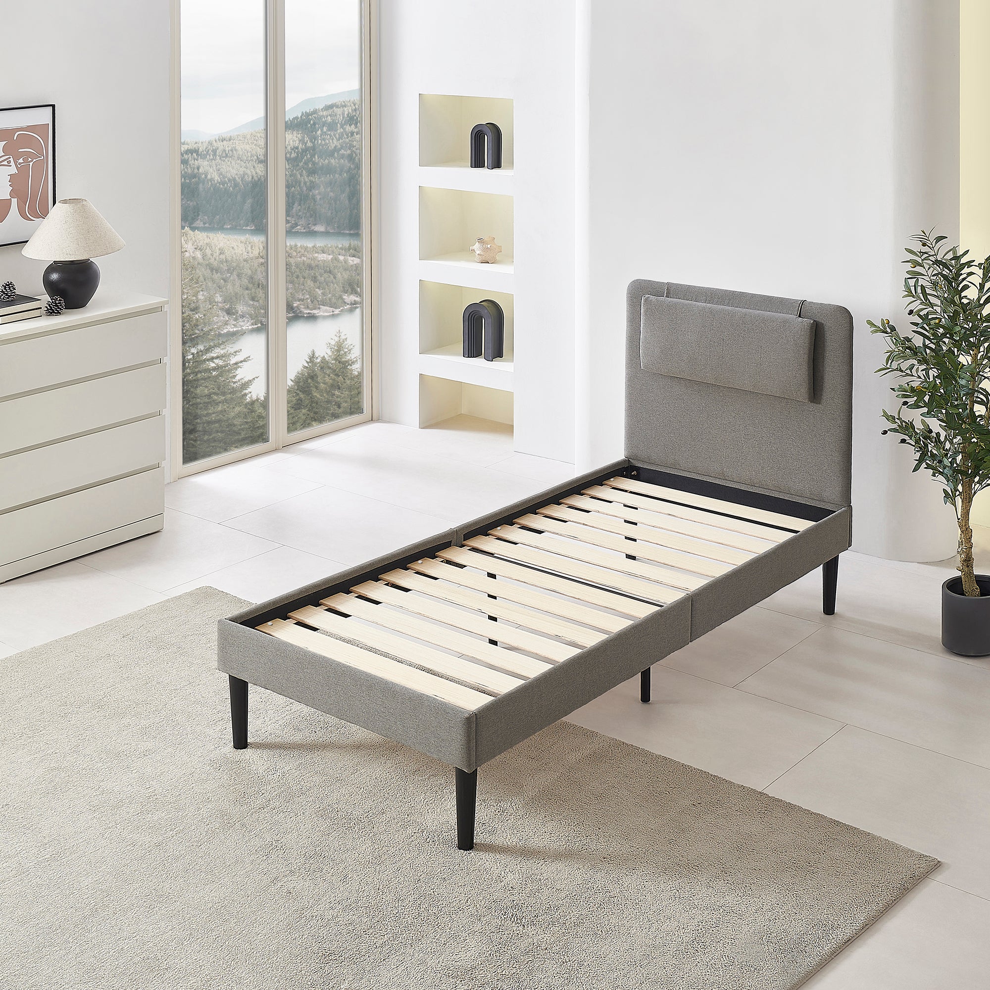 EMILY – Cama estofada com cabeceira acolchoada e estrado de ripas em madeira – Bege ou Cinzento