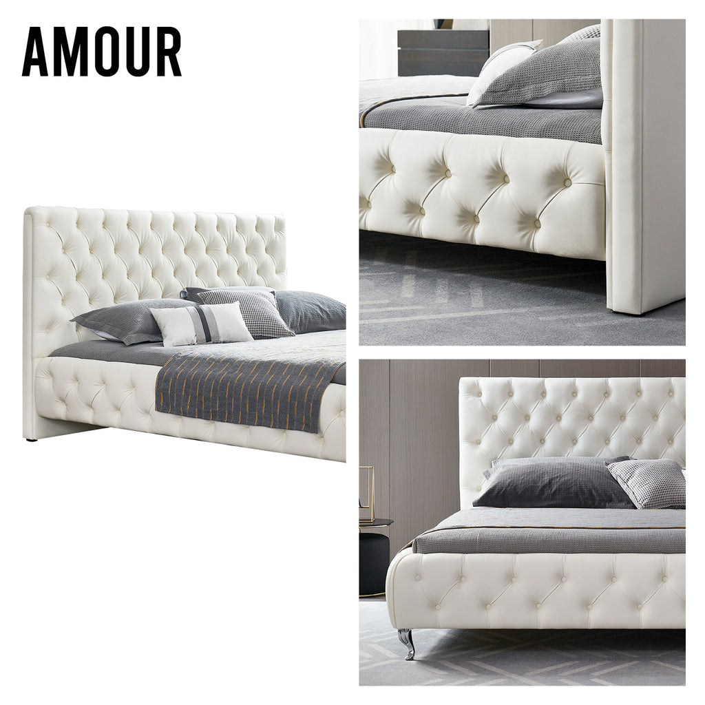 AMOUR – Cama estofada branca ou bege acinzentado com cabeceira acolchoada, com ou sem cristais