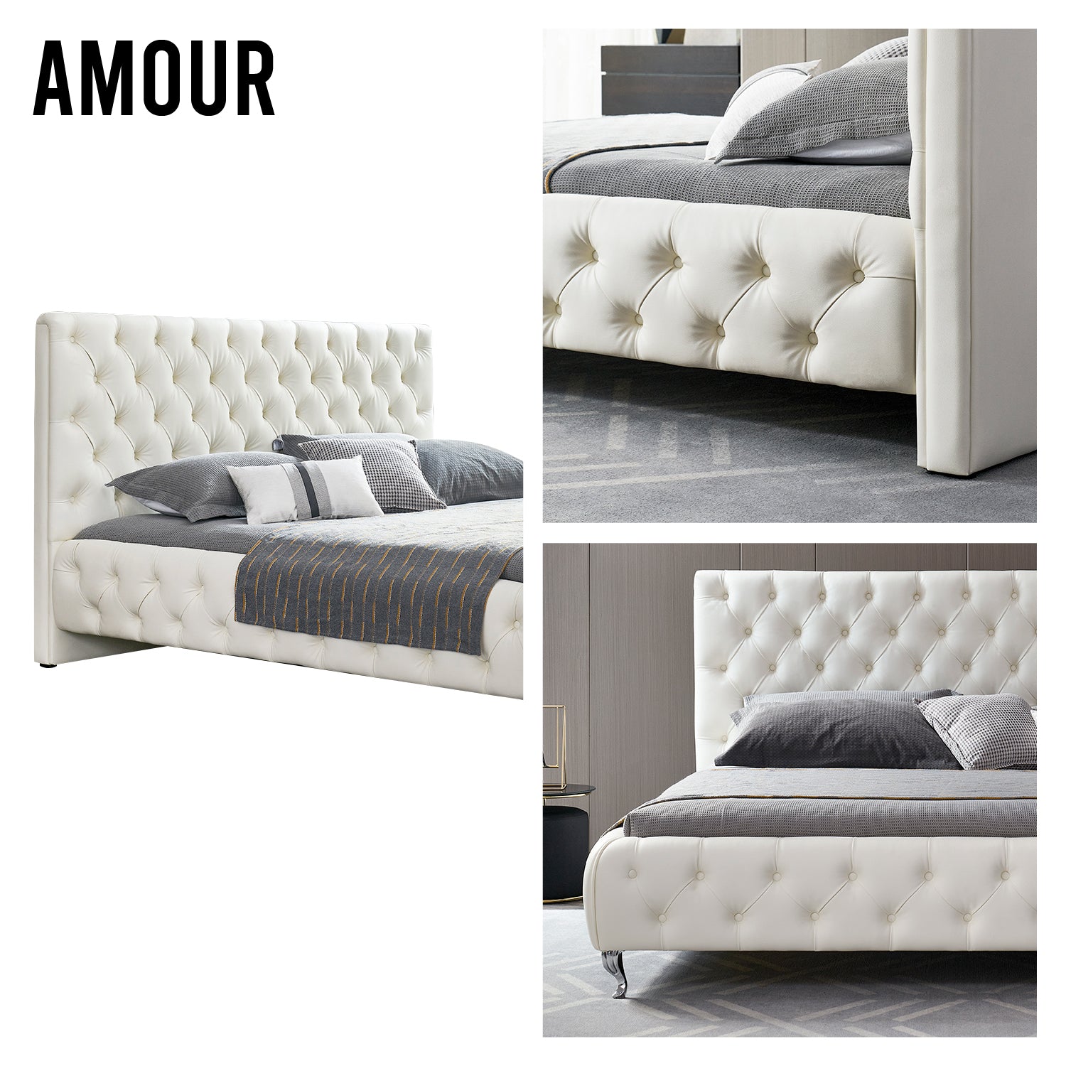 AMOUR – Cama estofada branca ou bege acinzentado com cabeceira acolchoada, com ou sem cristais