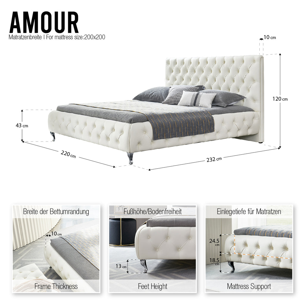 AMOUR – Cama estofada branca ou bege acinzentado com cabeceira acolchoada, com ou sem cristais